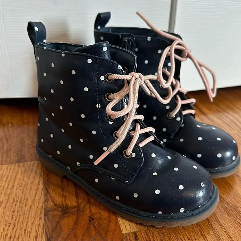 Old Navy Navy Blue Polka Dot Lace Up Utility Boots Girls size Toddler 10